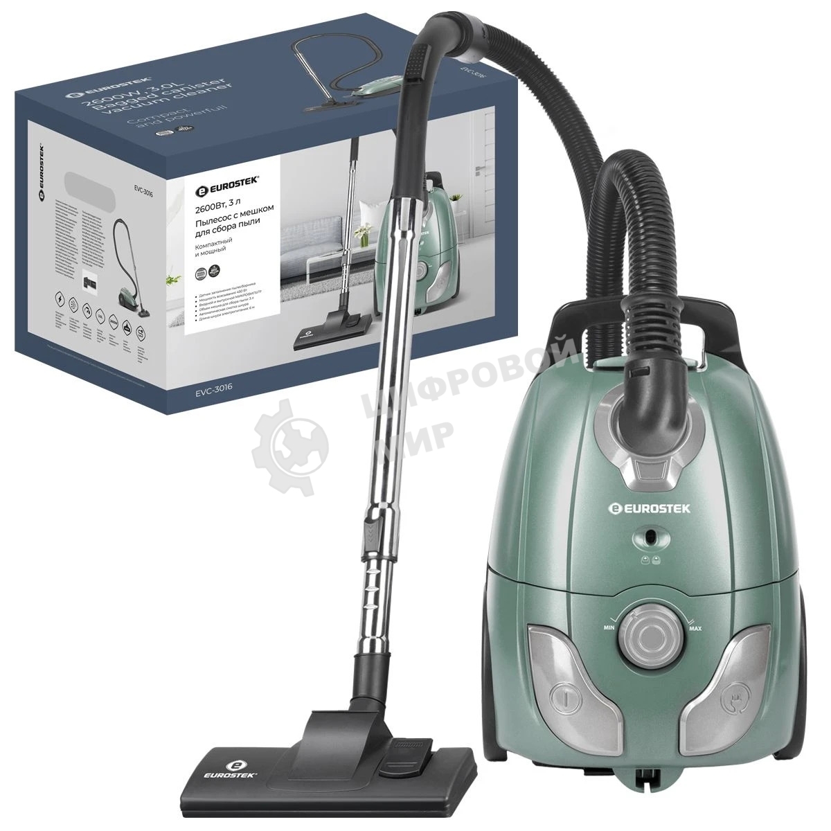 Пылесос Eurostek EVC-3016 мятный, Потребляемая мощность – 2600 Вт, Мощность всасывания – 420 Вт