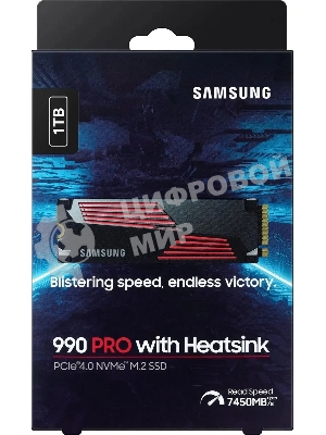 Накопитель SSD Samsung 990 PRO, 1000Gb, PCIe 4.0 x4, M.2 2280, NVMe, R/W 7450/6900, с радиатором