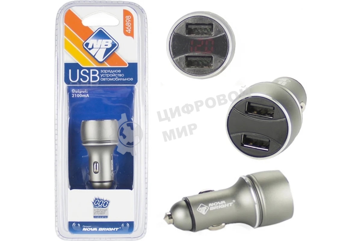 Сетевое зарядное устройство NOVA BRIGHT для моб.устройств, 2 USB-порта, 2100мА + цифровой LED вольтметр, 12/24В 46898
