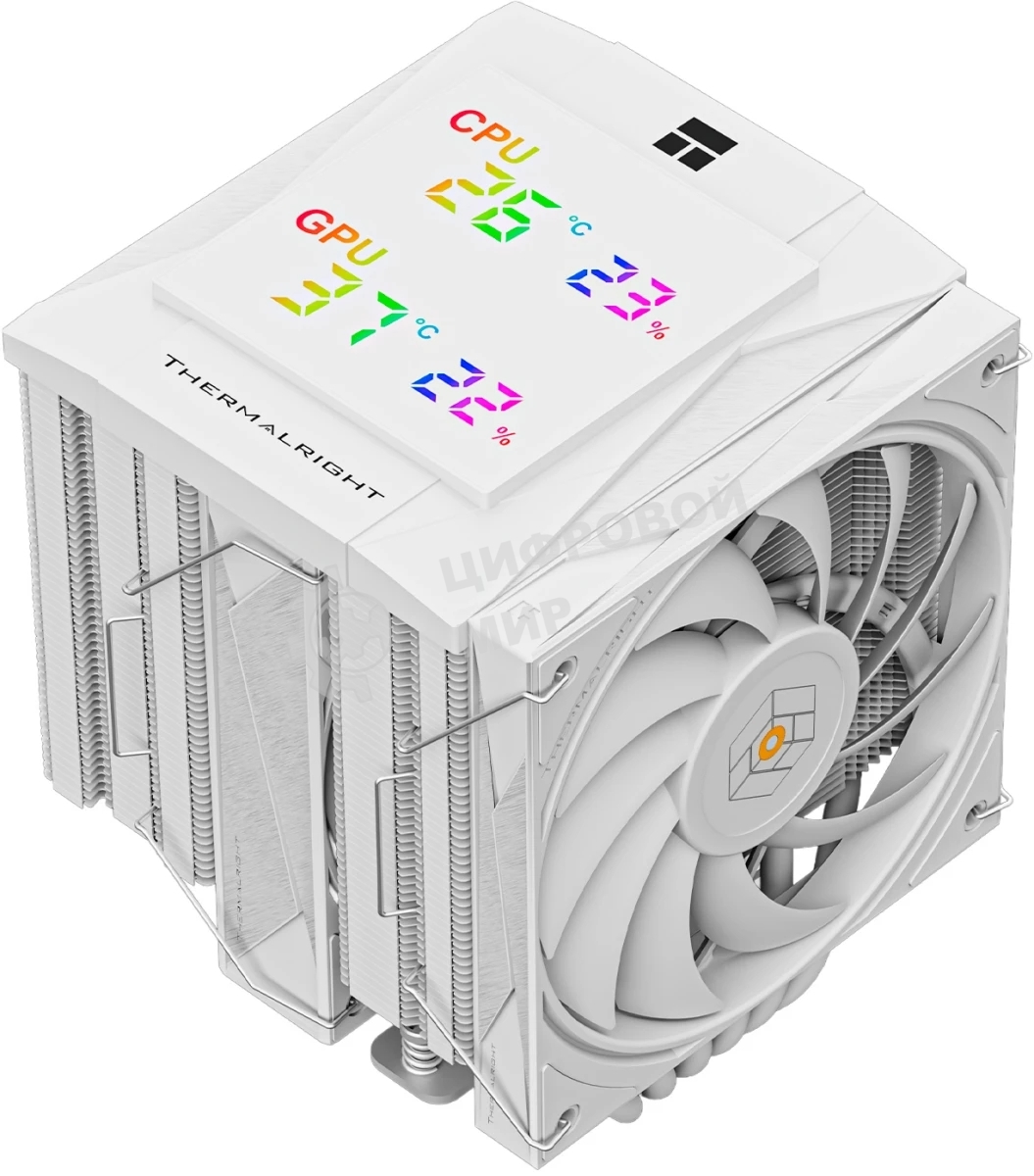 Кулер для процессора Thermalright Royal Knight 120 Digital White (4-pin PWM, LED temp., 162mm, Ni/Cu, 6x6mm, 2x120mm, 80.45CFM/56.36CFM, 29.4dBA/28.4dBA, 2150RPM/1900RPM, S: 1200, 1700, 1851, 115X, 2011, 2066, AM4, AM5, white)