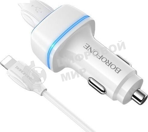 Автомобильное зарядное устройство Borofone Max BZ14, 2xUSB, 2.4А, 12 Вт, кабель Lightning 8-pin, белый (6931474735935)