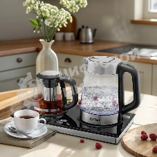 Чайный набор Kitfort КТ-6776 1.8л. 2200Вт черный/нержавеющая сталь корпус: Металл/стекло/пластик