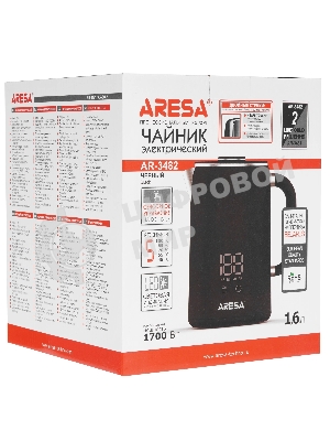 Электрочайник Aresa AR-3482 черный, 1.6 л, 1700 Вт, скрытый нагревательный элемент, поддержание температуры