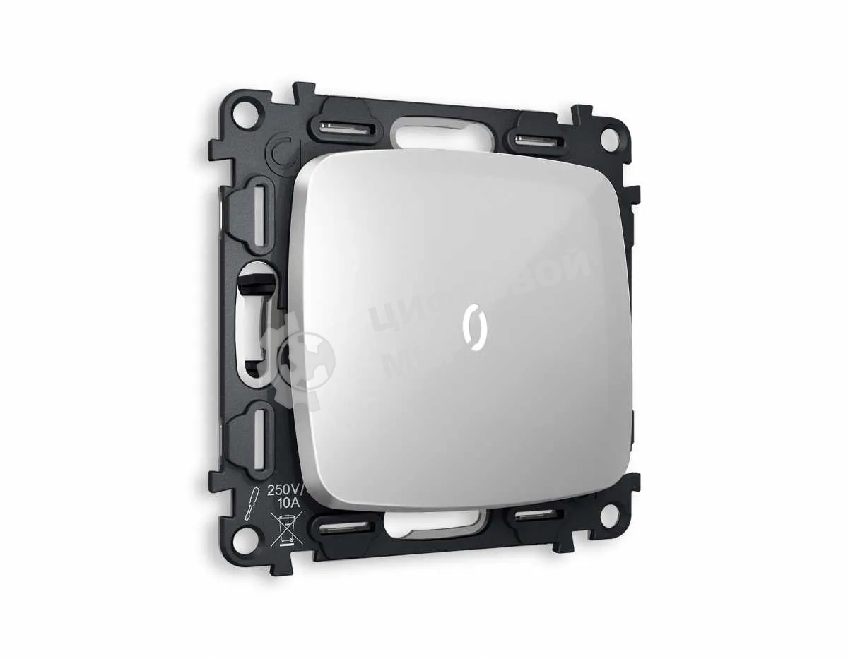 Комплект механизма 1-кл выключателя с подсветкой 5600K OMEGA Серебро глянец QUANT (OP4020, VM101, G14W) MO402015
