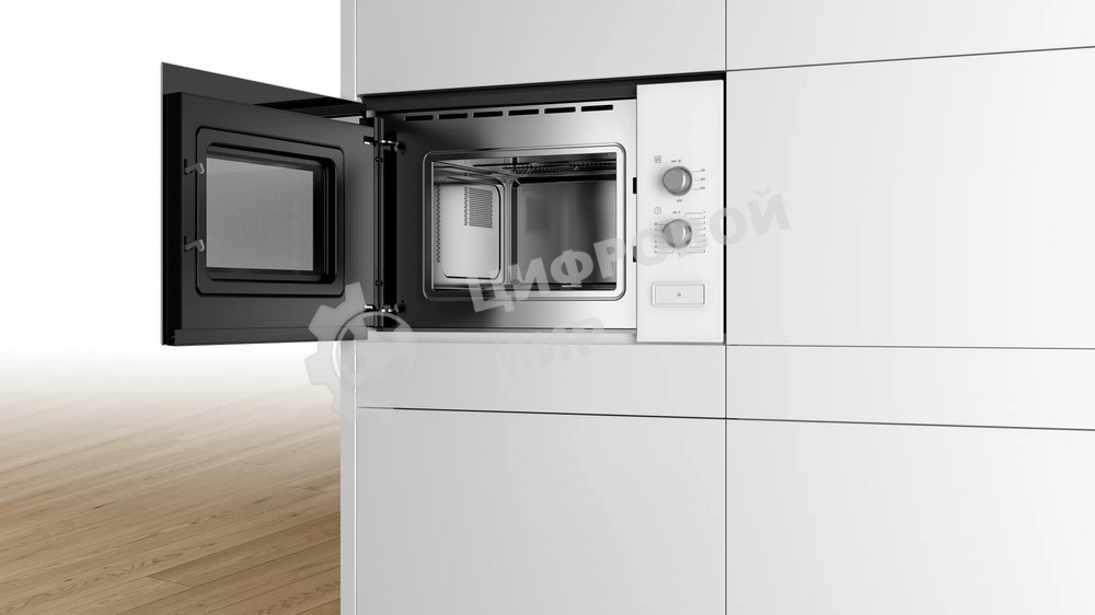 Встраиваемая микроволновая печь Bosch BFL 520MW0 белый, 20 л, 800 Вт, переключатели - поворотный механизм