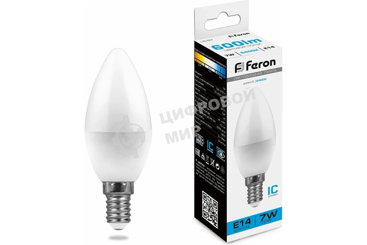 Лампа светодиодная Feron LB-97 7W 230V E14 6400K свеча