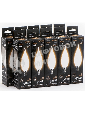 Лампа светодиодная филаментная Gauss Filament 5Вт цок.: E14 свеча 220B св. свеч. бел. теп. (упак.: 10 шт)