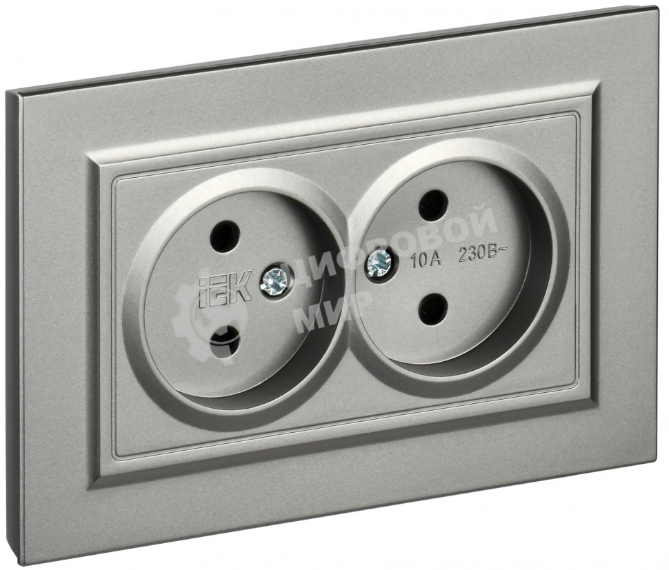 Розетка 2-местная IEK BRITE РС12-2-БрС (BR-R20-10-K46-F) 10А в сборе, без заземления, без защитных шторок, сталь