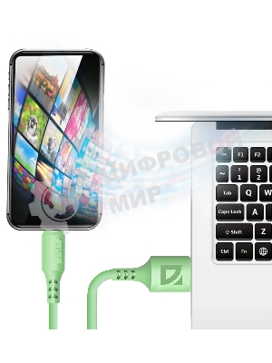 Кабель Defender F207, USB 2.0 (AM) - Type-C, 1 м, 2.4А, силиконовая оплетка, зеленый.