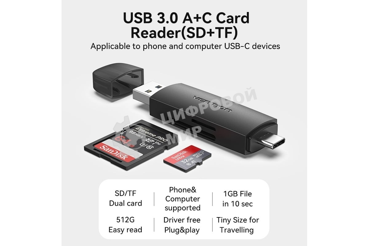 Кард-ридер Vention CLKB0/черный/SD,SDHC,SDXC,TF,micro-SD,micro-SDXC,miсro-SDHC/USB 3.0/Type C/OTG/пластик
