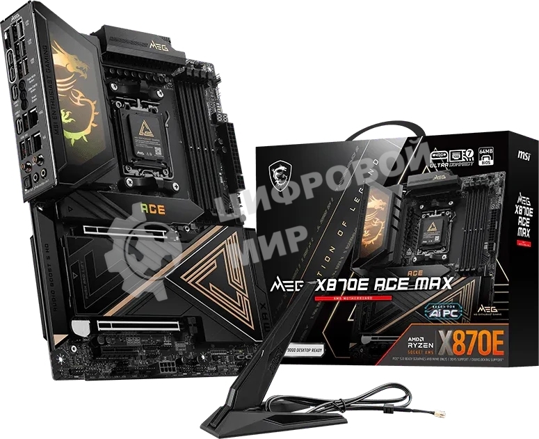 Материнская плата MSI MEG X870E ACE MAX, AM5, AMD X870E, 4xDDR5 (до 256 ГБ), 4xSATA, 5xM.2 (2xPCIe 5.0, 3xPCIe 4.0), 2xPCIe 5.0 x16, 1xPCIe x4, 1xHDMI, 1x5Gb LAN, 1x10Gb LAN, Wi-Fi 7, Bluetooth 5.4, 2xUSB-C 40Gbps (USB4), 2xUSB-C 20Gbps, 2xUSB-A 10Gbps, 7xUSB-A 5Gbps, 3x3.5 мм + S/PDIF оптический, 7.1, чёрный, с подсветкой, ATX