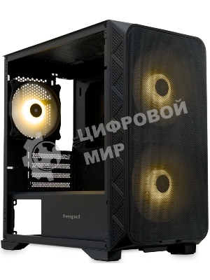Компьютерный корпус без блока питания HSPD M321, Mesh Mini-tower, черный, slide TG, 0.45 SPCC, 2x140мм ARGb+1x120мм ARGb mATX, mITX 160/340/184мм 2x2.5