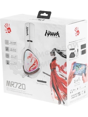 Гарнитура Bloody MR720 Naraka белый, беспроводная + проводная, радиоканал/Bluetooth/mini jack 3.5 мм, до 44 ч, подсветка
