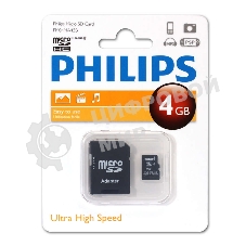 Флеш карта microSD 4Gb PHILIPS microSDHC Class 10 (SD адаптер)