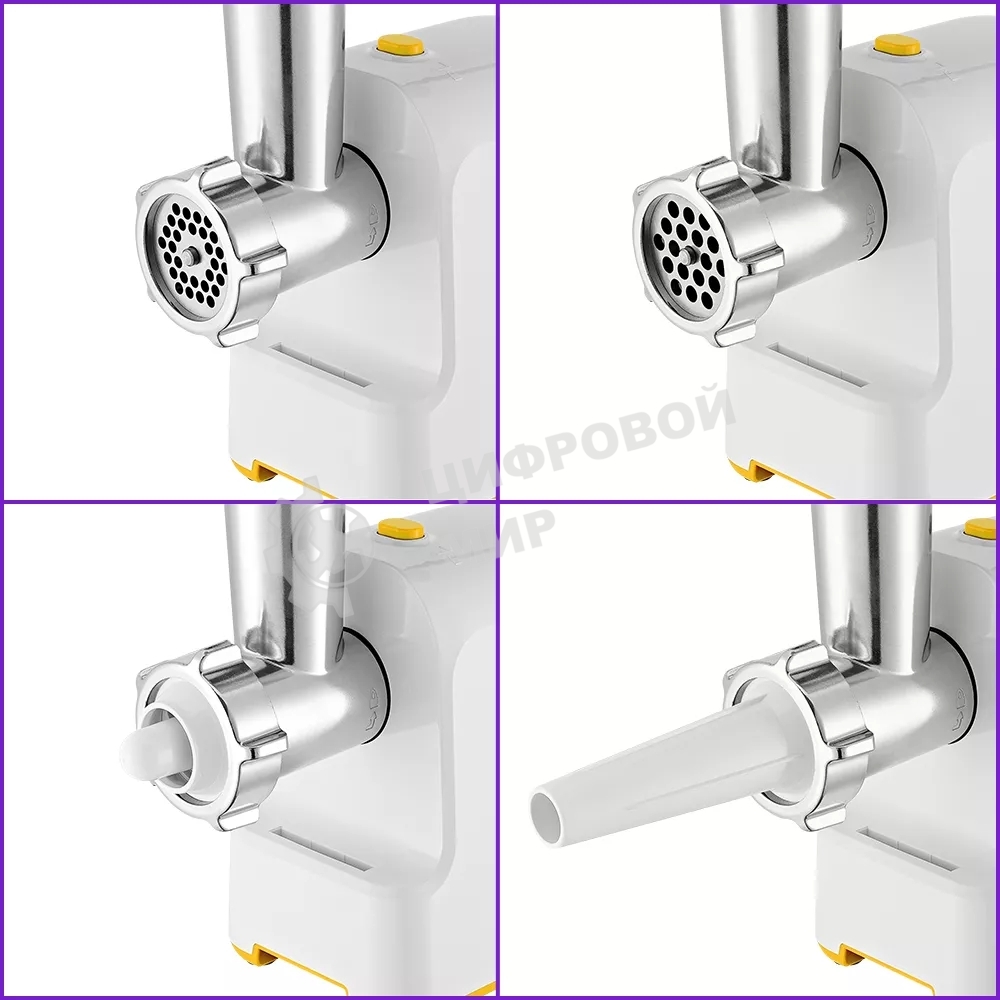 Мясорубка электрическая Kitfort КТ-2113-2 белый/желтый, 1000 Вт, 1.2 кг/мин, реверс, защита от перегрузки, насадки - 4