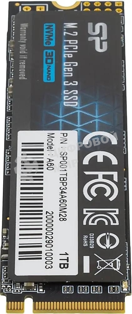 Накопитель SSD Silicon Power P34A60, 1Tb, PCIe 3.0 x4, M.2 2280, NVMe, R/W 2200/1600