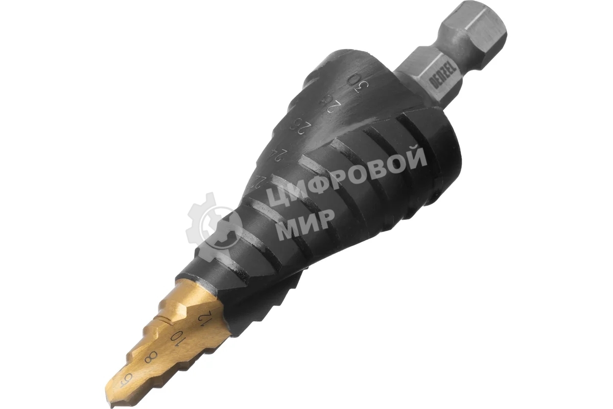 Сверло ступенчатое Denzel 6-8-10-12-14-16-18-20-22-24-26-28-30 мм, Р6М5, 6-гр. хвостовик 723604