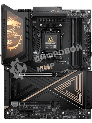 Материнская плата MSI MEG X870E ACE MAX, AM5, AMD X870E, 4xDDR5 (до 256 ГБ), 4xSATA, 5xM.2 (2xPCIe 5.0, 3xPCIe 4.0), 2xPCIe 5.0 x16, 1xPCIe x4, 1xHDMI, 1x5Gb LAN, 1x10Gb LAN, Wi-Fi 7, Bluetooth 5.4, 2xUSB-C 40Gbps (USB4), 2xUSB-C 20Gbps, 2xUSB-A 10Gbps, 7xUSB-A 5Gbps, 3x3.5 мм + S/PDIF оптический, 7.1, чёрный, с подсветкой, ATX
