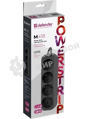 Удлинитель Defender M418 черный, 1.8 м, EURO, 4 розетки, 2200 Вт