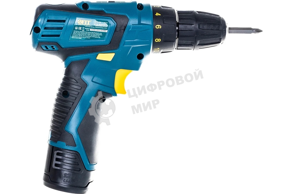 Дрель-шуруповерт Fit 80179, 12 В, 1.3 Ач, 15 Нм, щеточный