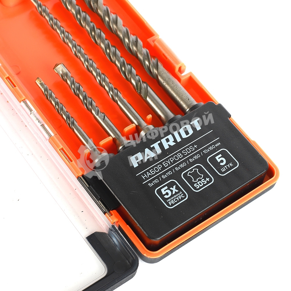 Набор буров PATRIOT SDS Plus, 5 шт: 5x110 мм, 6x110 мм, 6x160 мм, 8x160 мм, 10x160 мм в боксе