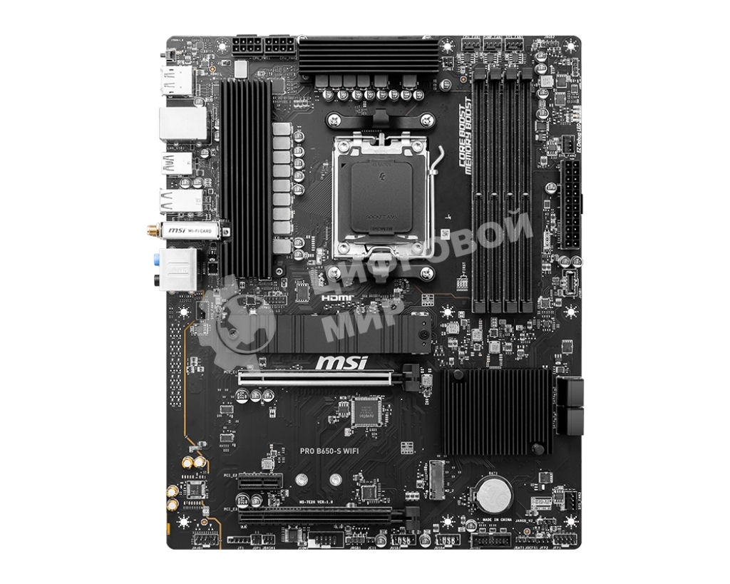 Материнская плата MSI PRO B650-S WIFI, AM5, AMD B650, 4xDDR5, 4xSATA, 2xM.2, 1xPCI-E 4.0 x16, 1xPCI-E 4.0 x4, 1xHDMI, 1xDP, 1x2.5Gb LAN, 3xUSB 3.2 Gen 1, 3xUSB 3.2 Gen 2, 6x3.5 мм, 7.1, Standard-ATX