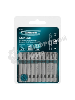 Бита Gross PH2х50мм, сталь S2, шестигр., 10 шт.