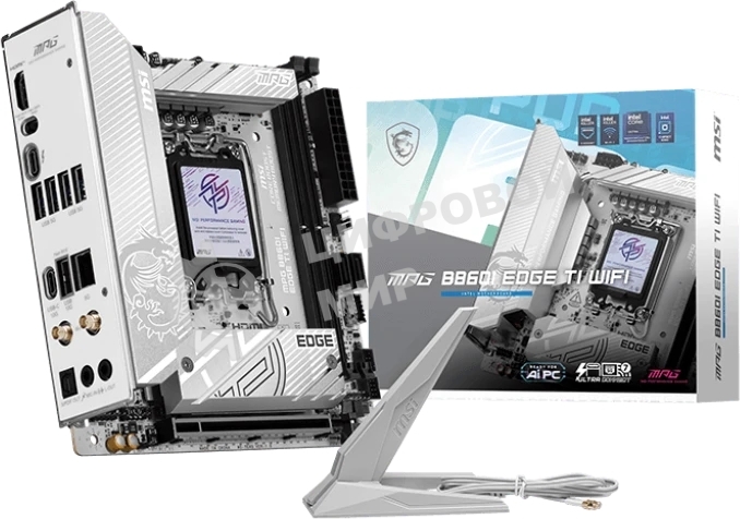 Материнская плата MSI MPG B860I EDGE TI WIFI, LGA 1851, Intel B860, 2xDDR5 (до 128 ГБ), 2xSATA, 2xM.2 (1xPCIe 5.0, 1xPCIe 4.0/SATA), 1xPCIe 5.0 x16, 1xHDMI, 1x5Gb LAN, Wi-Fi 7, Bluetooth 5.4, 1xUSB-C 40Gbps (Thunderbolt 4), 1xUSB-C 10Gbps, 1xUSB-A 10Gbps, 4xUSB-A 5Gbps, 2xUSB-A 2.0, 3x3.5 мм + S/PDIF оптический, 7.1, белый/серебристый, Mini-ITX