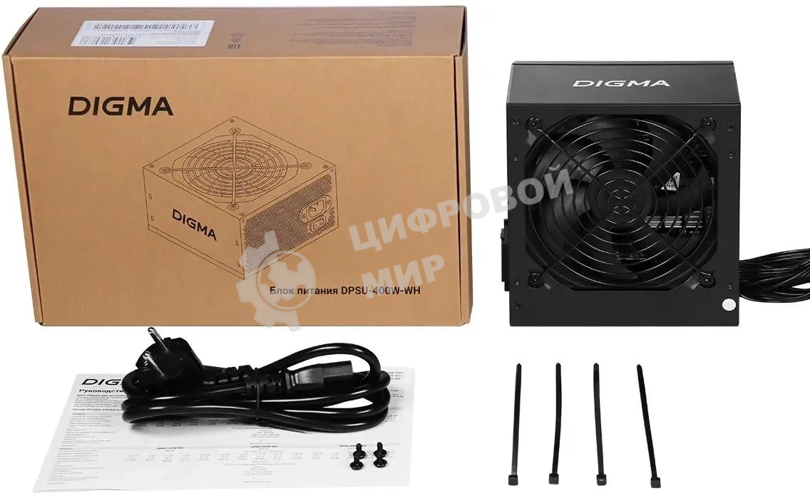 Блок питания Digma DPSU-400W-WH, 400 Вт, 80 PLUS белый, 120 мм, черный