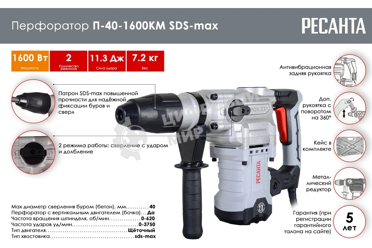 Перфоратор Ресанта П-40-1600КМ SDS-Max