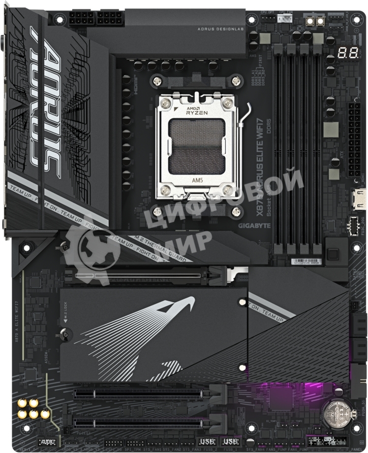 Материнская плата Gigabyte X870 AORUS ELITE WIFI7, AM5, AMD X870, 4xDDR5, 4xSATA, 4xM.2, 1xPCI-E 5.0 x16, 1xPCI-E 4.0 x4, 1xPCI-E 3.0 x2, 1xHDMI, 1x 2.5Gb LAN, 4xUSB-A 3.2 Gen 1, 2xUSB-A 3.2 Gen 2, 4xUSB-A 2.0, 2xUSB-C 4.0, 2x3.5 мм, 7.1, ATX