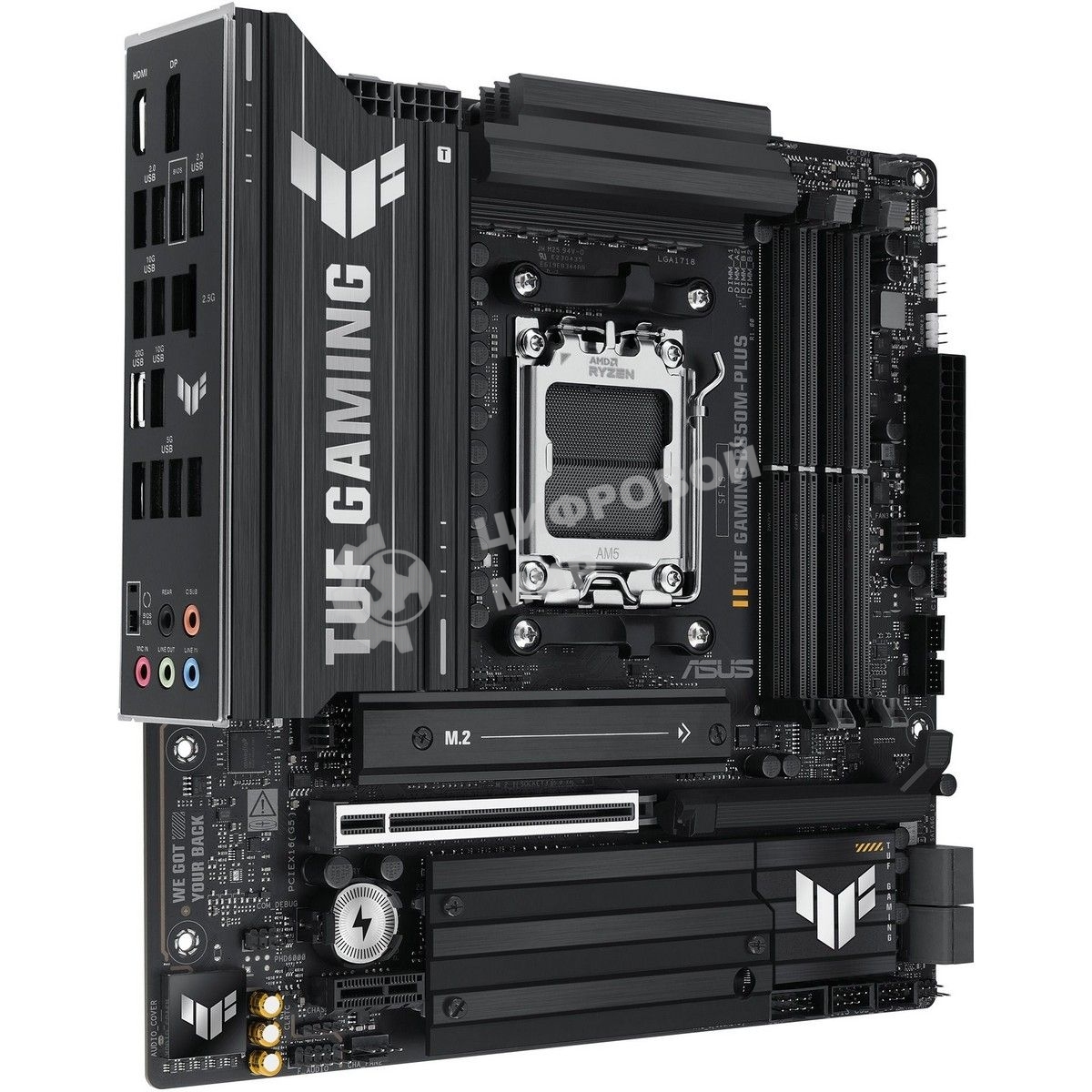 Материнская плата ASUS TUF Gaming B850M-Plus, AM5, AMD B850, 4xDDR5, 4xSATA, 3xM.2, 1xPCIe 5.0 x16, 1xPCIe 4.0 x4, 1xPCIe x1, 1xDP, 1xHDMI, 1x2.5Gb LAN, 4xUSB 2.0, 4xUSB 3.2 Gen 1, 3xUSB 3.2 Gen 2, 1xUSB-C, 3x3.5 мм, 7.1, mATX