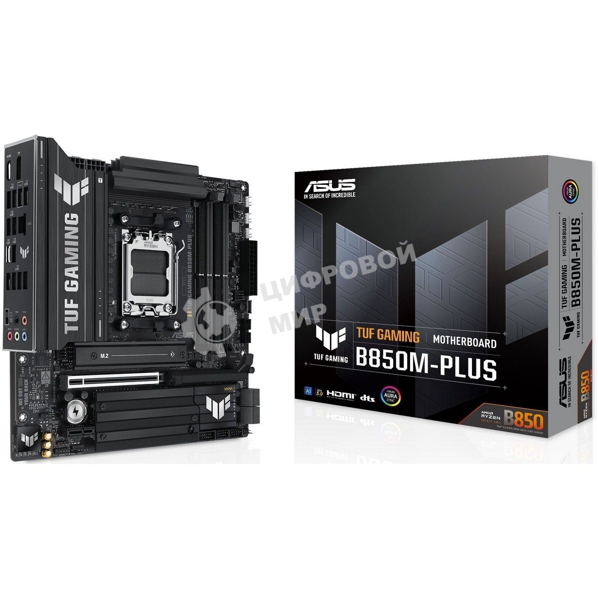 Материнская плата ASUS TUF Gaming B850M-Plus, AM5, AMD B850, 4xDDR5, 4xSATA, 3xM.2, 1xPCIe 5.0 x16, 1xPCIe 4.0 x4, 1xPCIe x1, 1xDP, 1xHDMI, 1x2.5Gb LAN, 4xUSB 2.0, 4xUSB 3.2 Gen 1, 3xUSB 3.2 Gen 2, 1xUSB-C, 3x3.5 мм, 7.1, mATX