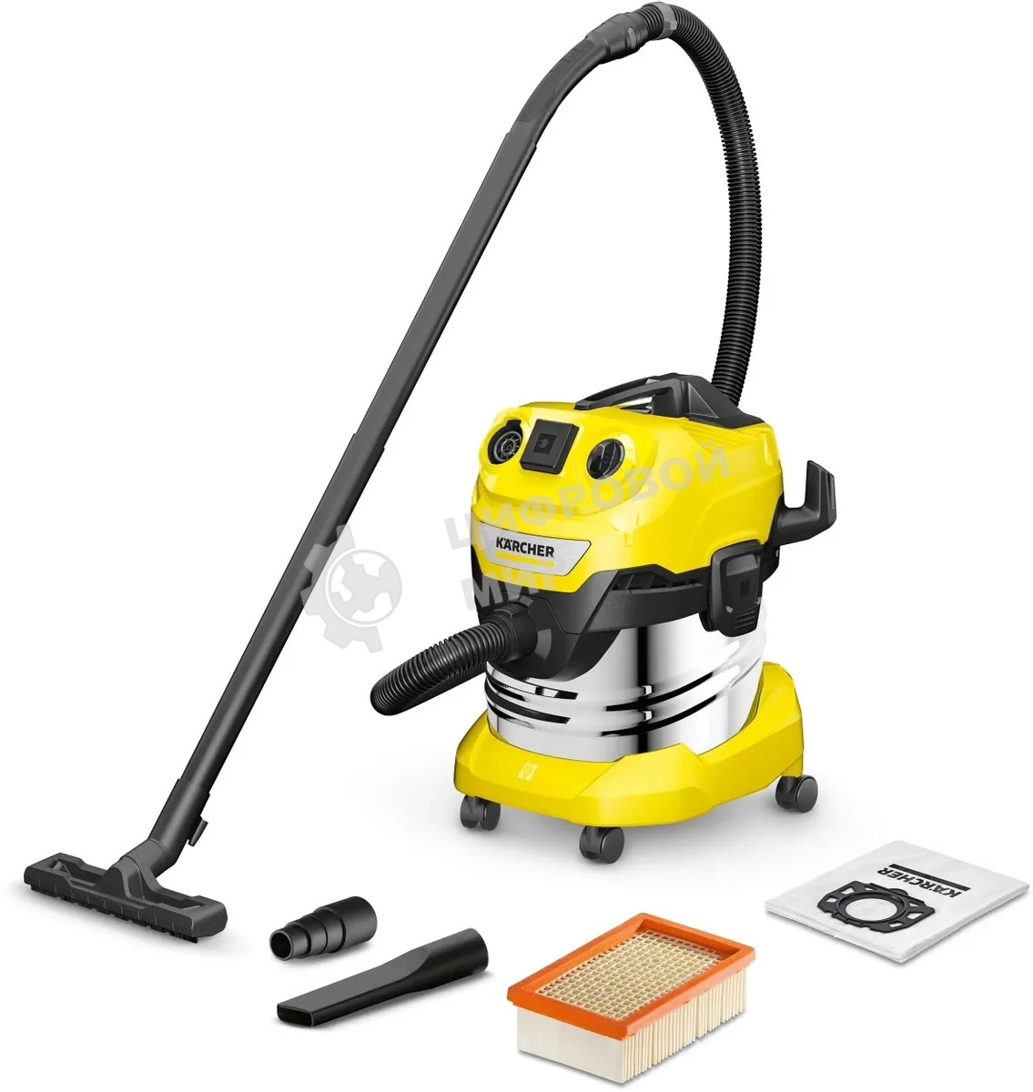 Строительный пылесос Karcher WD 4 P S V-20/5/22 желтый, 1000 Вт, уборка сухая/сбор воды/выдув, пылесборник мешок/контейнер, 20 л