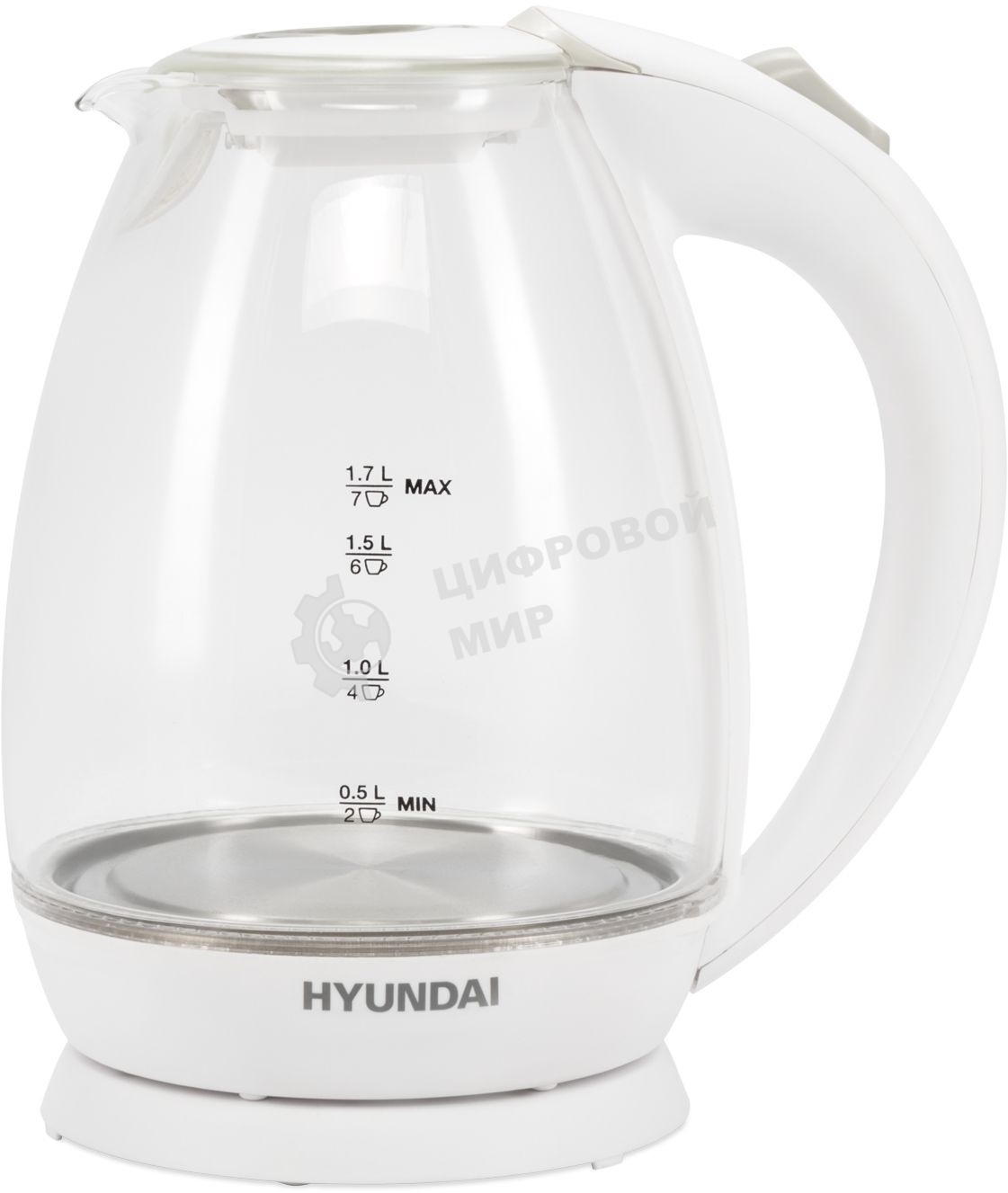 Чайник электрический Hyundai HYK-G2409 1.7 л, 2200 Вт, белый/серебристый (корпус: стекло)