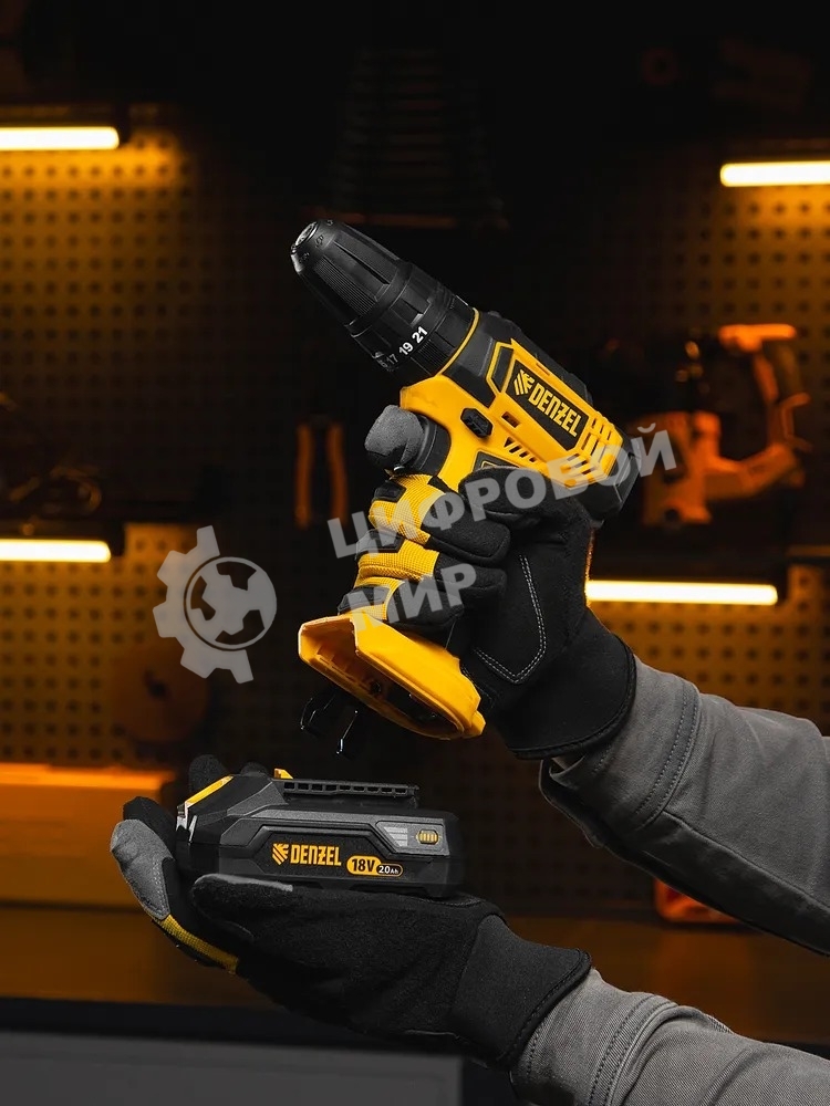 Дрель-шуруповерт Denzel CID-18-0, Аккумуляторная, 18В, Без АКБ и ЗУ, Ударная, Кейс