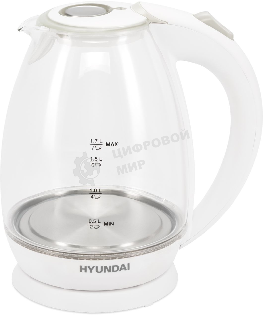 Чайник электрический Hyundai HYK-G2409 1.7 л, 2200 Вт, белый/серебристый (корпус: стекло)