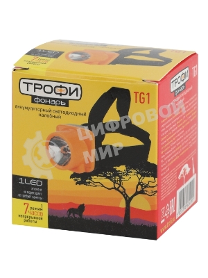 Фонарь налобный ЭРА светодиодный Трофи TG1 аккумуляторный, яркий, 4V0.5А·ч, 1xLED, ЗУ 220V