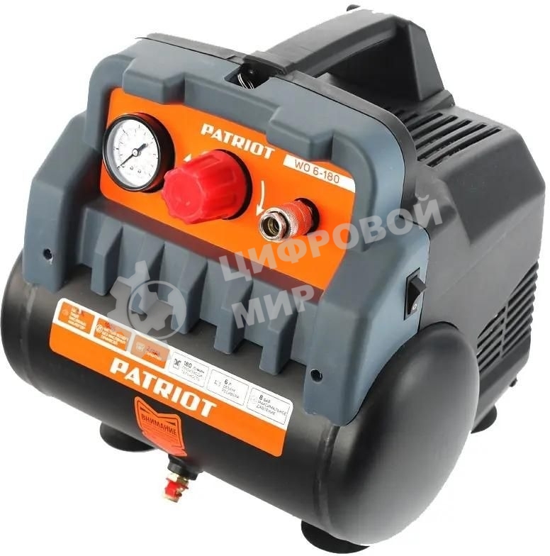 Компрессор поршневой Patriot WO 6-180 безмасляный 180л/мин 6л 1100Вт черный/оранжевый