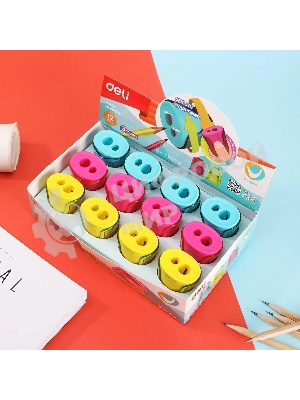 Точилка для карандашей ручная Deli ER01100 U-touch, 2 отверстия, пластик, ассорти, дисплей