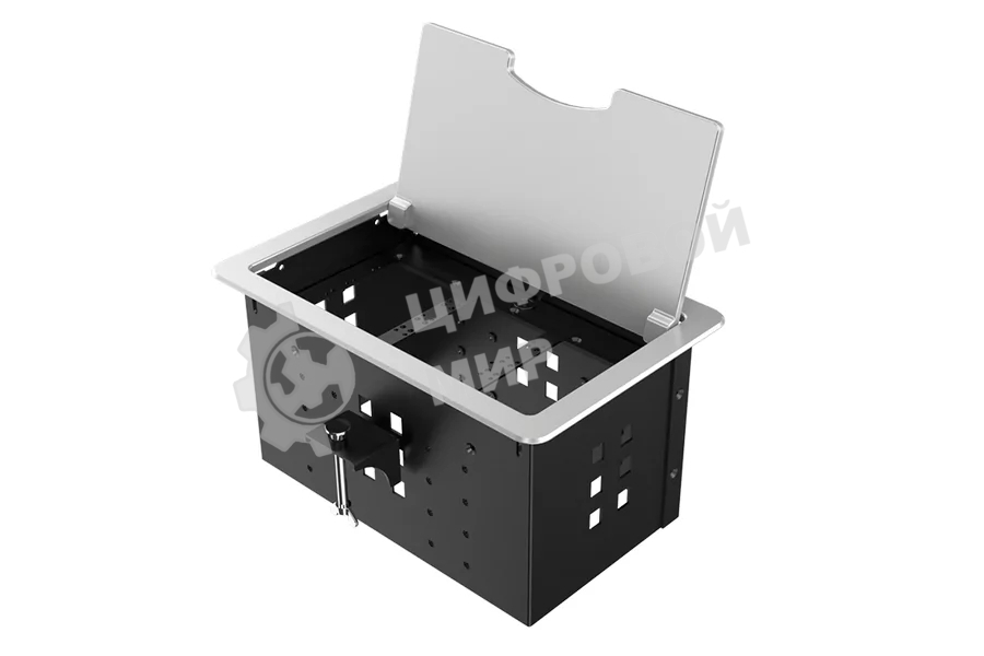 Прямоугольный металлический корпус Wize Pro WRTS-12BOX-S для модульной системы врезного лючка в стол с откидывающейся крышкой, до12 модулей-вставок, беспроводная зарядка 10Вт для моб.устройств на крышке, преустановленная рамка,серебр.
