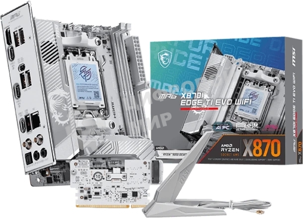 Материнская плата MSI MPG X870I EDGE TI EVO WIFI, AM5, AMD X870, 2xDDR5 (до 128 ГБ), 2xSATA, 3xM.2 (1xPCIe 5.0, 2xPCIe 4.0), 1xPCIe 5.0 x16, 1xHDMI, 1x5Gb LAN, Wi-Fi 7, Bluetooth 5.4, 2xUSB-C 40Gbps (USB4), 1xUSB-C 10Gbps, 5xUSB-A 10Gbps, 3x3.5 мм + S/PDIF оптический, 7.1, белый/серебристый, Mini-ITX