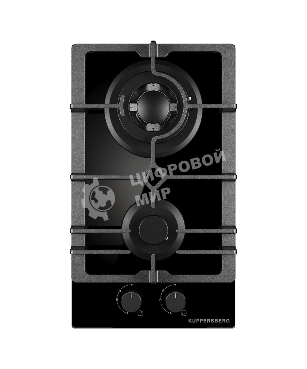Варочная поверхность Kuppersberg FG 31 B, газ, High-Tech, 30 см, 2 конфорки, автоматический электроподжиг, газ-контроль, форсунки под сжиженый газ, SABAF конфорки, WOK конфорка, чугунные решетки, цвет черный, цвет фурнитуры черный