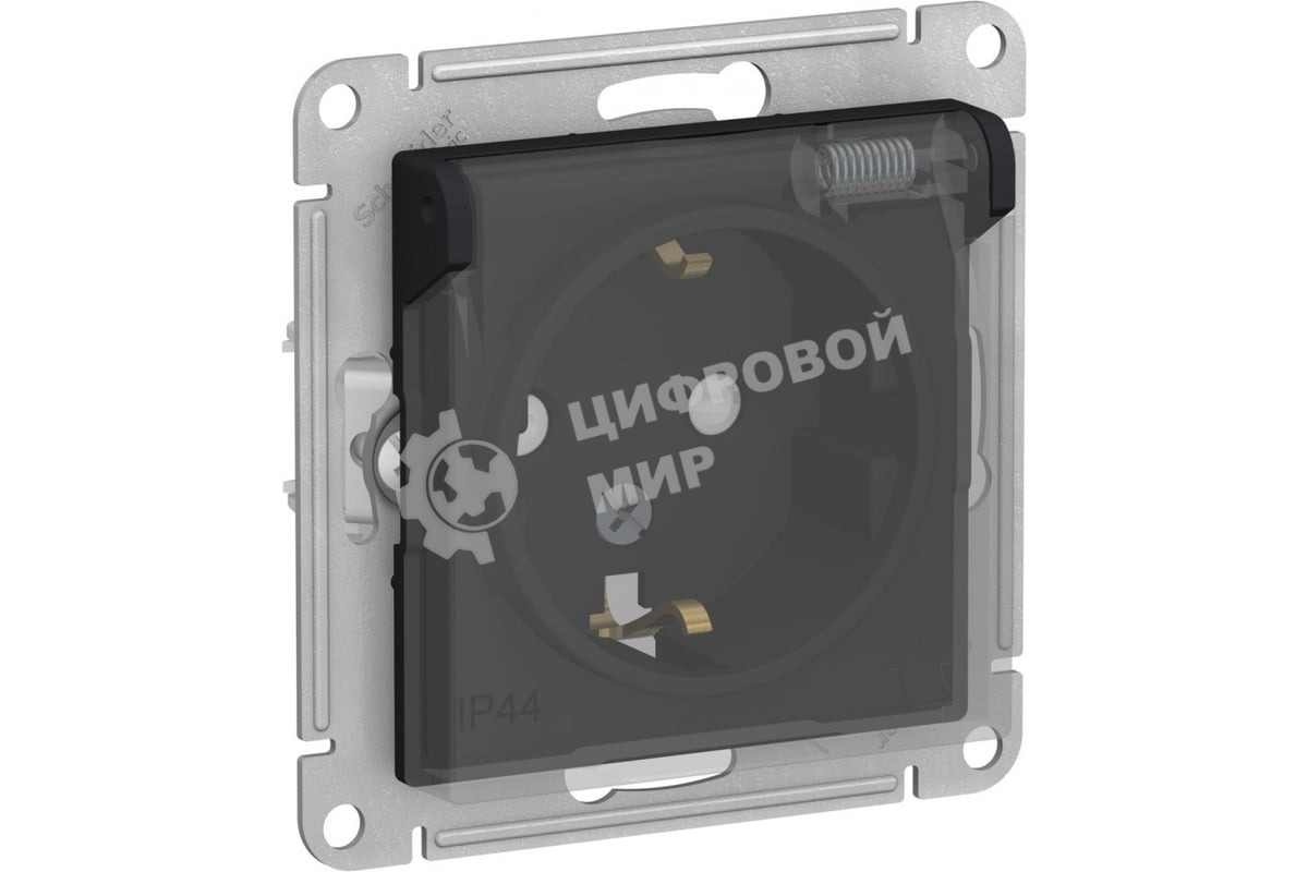 Механизм розетки 1-м СП AtlasDesign Aqua 16А IP44 с заземл. защ. шторки с прозрачной крышкой карбон SchE ATN441046