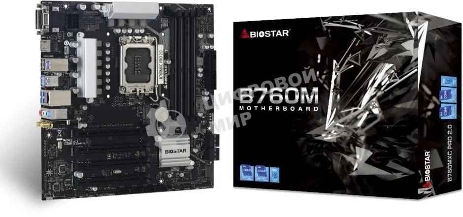 Материнская плата Biostar B760MXC PRO, LGA 1700, Intel B760, 4xDDR4, 8xSATA, 2xM.2, 1xPCIe 4.0 x16, 3xPCIe 3.0 x1, 1xHDMI, 1xDVI, 1xVGA, 1x 1Gb LAN, 4xUSB-A 3.2 Gen 2, 2xUSB-A 2.0, 3x3.5 мм, 7.1, mATX