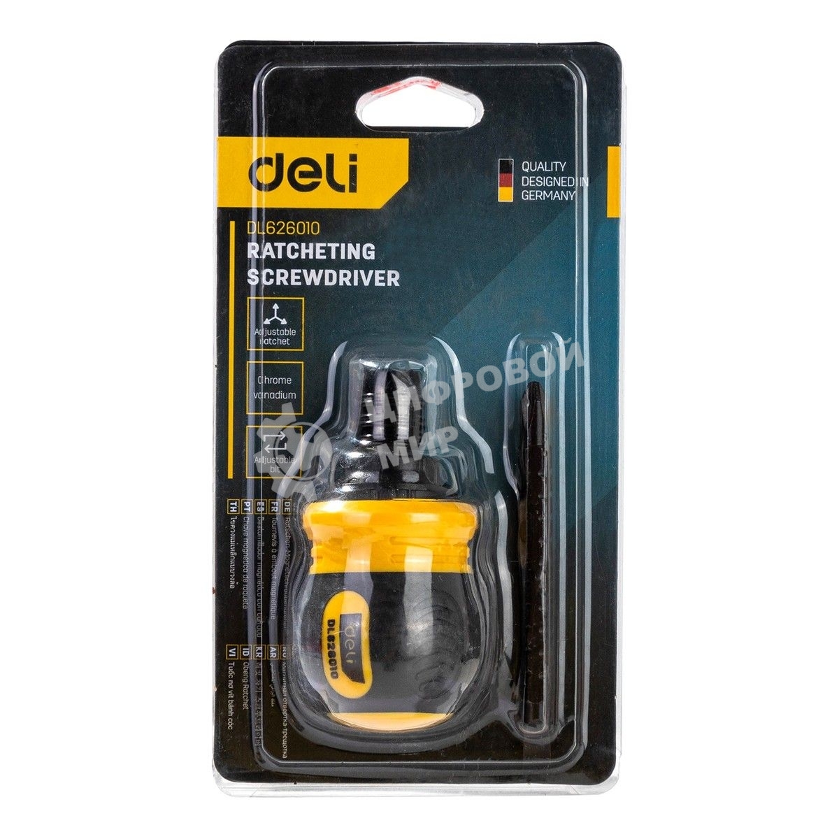 Двухсторонняя отвертка с трещеткой Deli DL626010 PH2+SL6x85мм 6/PH2x85мм. Материал биты: Cr-V. Общая длина: 95-140 мм. Диаметр хвостовика: 6,3 мм.