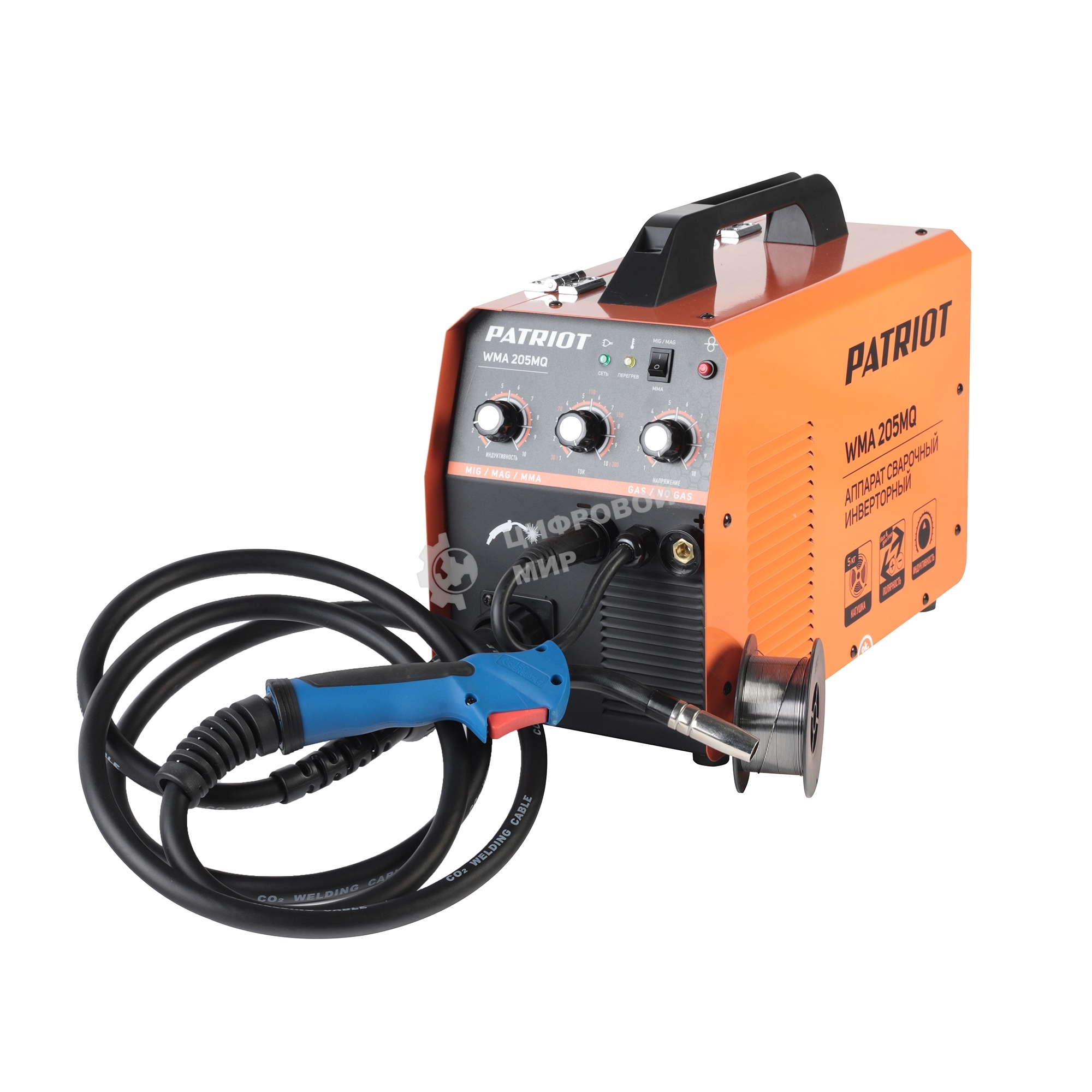 Полуавтомат сварочный инверторный PATRIOT WMA 205MQ MIG/MAG/MMA, полуавтоматическая сварка в среде газа (MIG/MAG) стальной и флюсовой проволокой 0.6/0.8 мм, сварка электродом (MMA) до 4мм, сварочный ток в режиме MIG: 40-200А; сварочный ток в режиме MMA: 4
