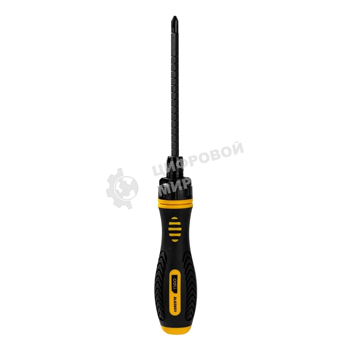 Двухсторонняя отвертка с трещеткой Deli DL626011 PH2+SL6x180 мм 6/PH2x180мм. Материал биты: Cr-V. Общая длина: 180-230 мм. Диаметр хвостовика: 6,3 мм.