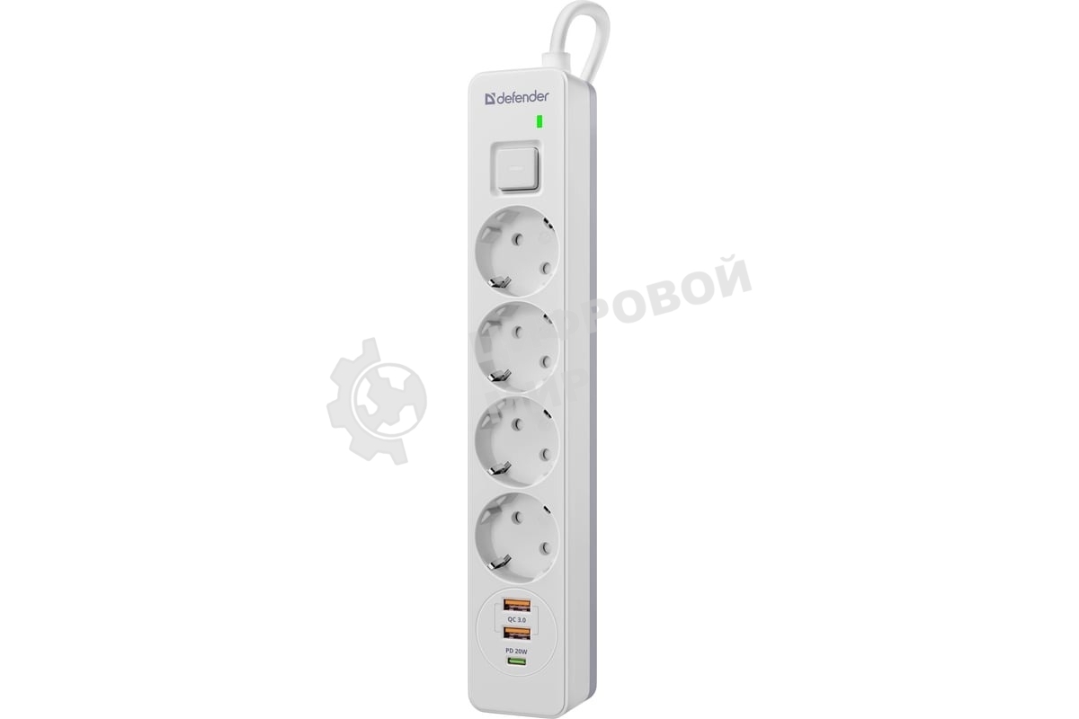 Удлинитель с сетевым фильтром Defender DFS 141, белый, 4розетки, USB+TypeC, 1.5 м.