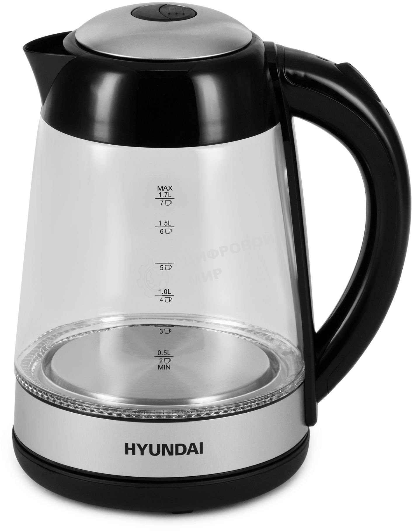 Чайник электрический Hyundai HYK-G3803 1.7 л, 2200 Вт, черный/серебристый (корпус: стекло)